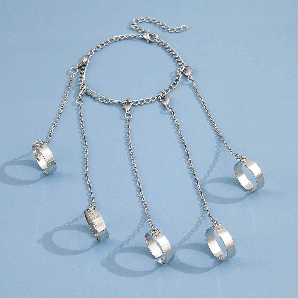 Silver Chain Hand Bracelet with 5 Finger Rings