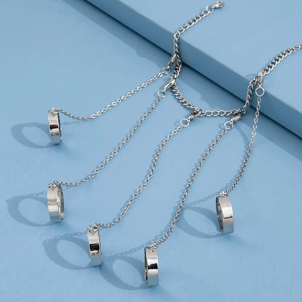 Silver Chain Hand Bracelet with 5 Finger Rings