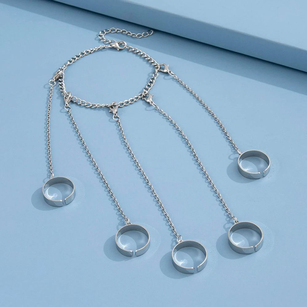 Silver Chain Hand Bracelet with 5 Finger Rings