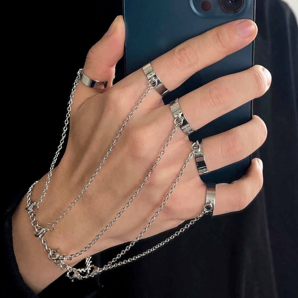 Silver Chain Hand Bracelet with 5 Finger Rings