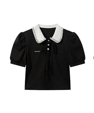 Lace Collar Puff Sleeve Top